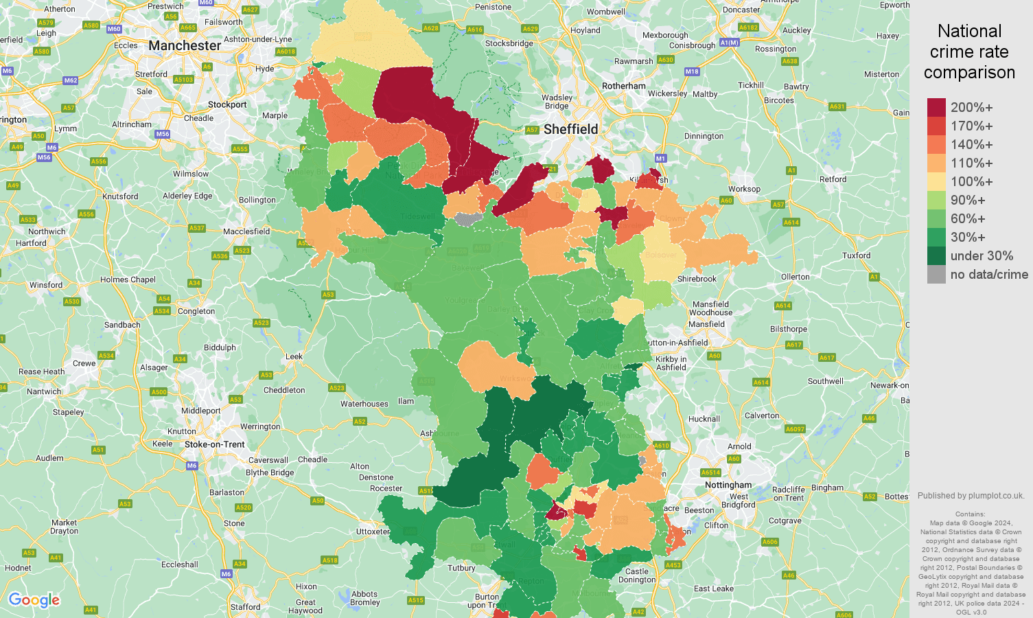 Derbyshire burglary crime rate comparison map