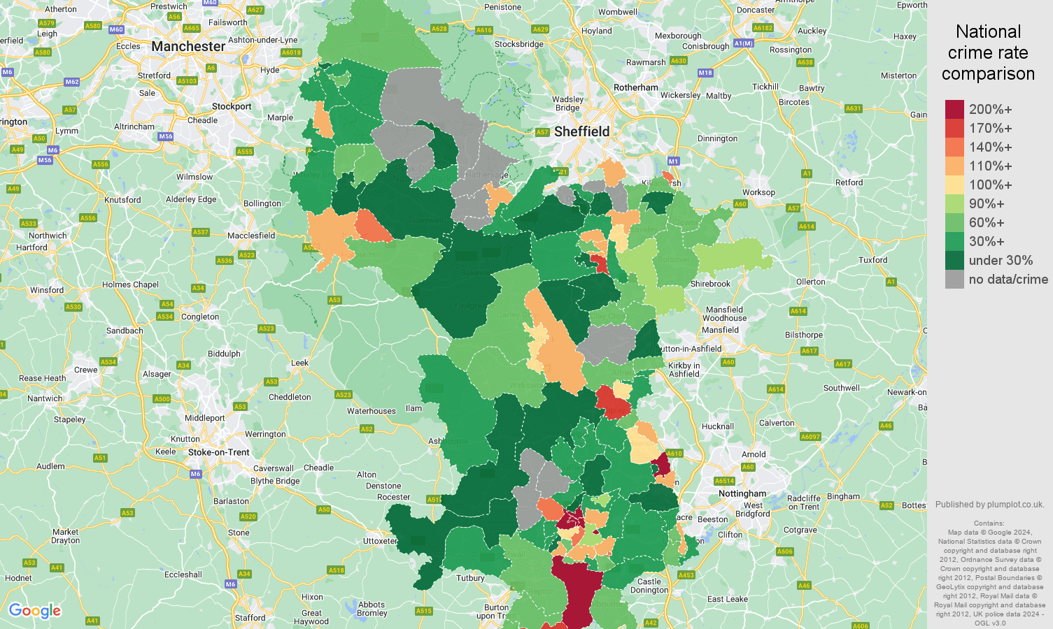 Derbyshire drugs crime rate comparison map