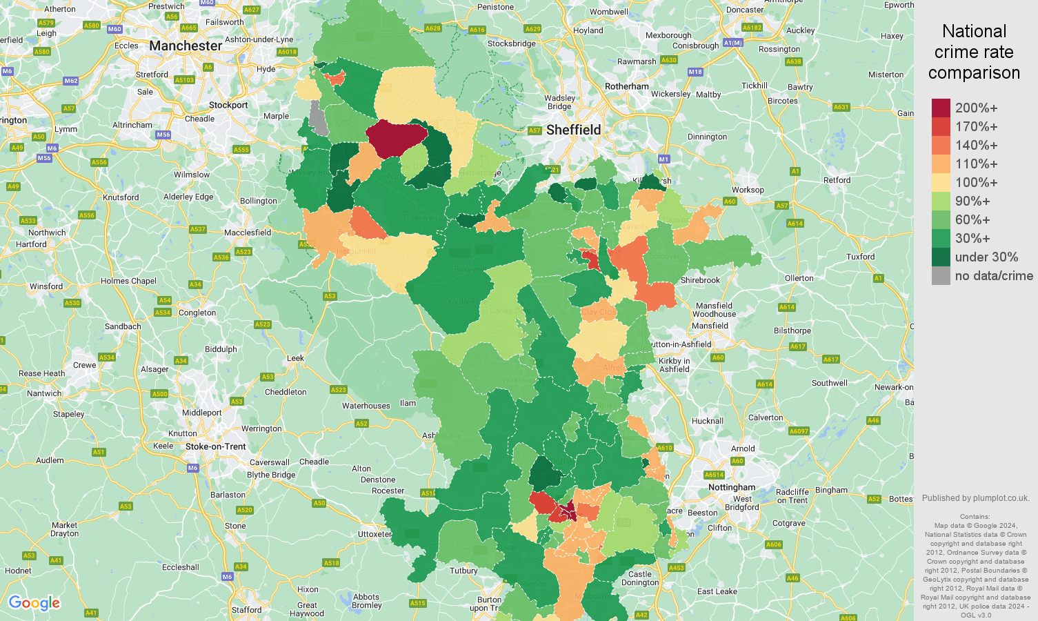 Derbyshire other theft crime rate comparison map