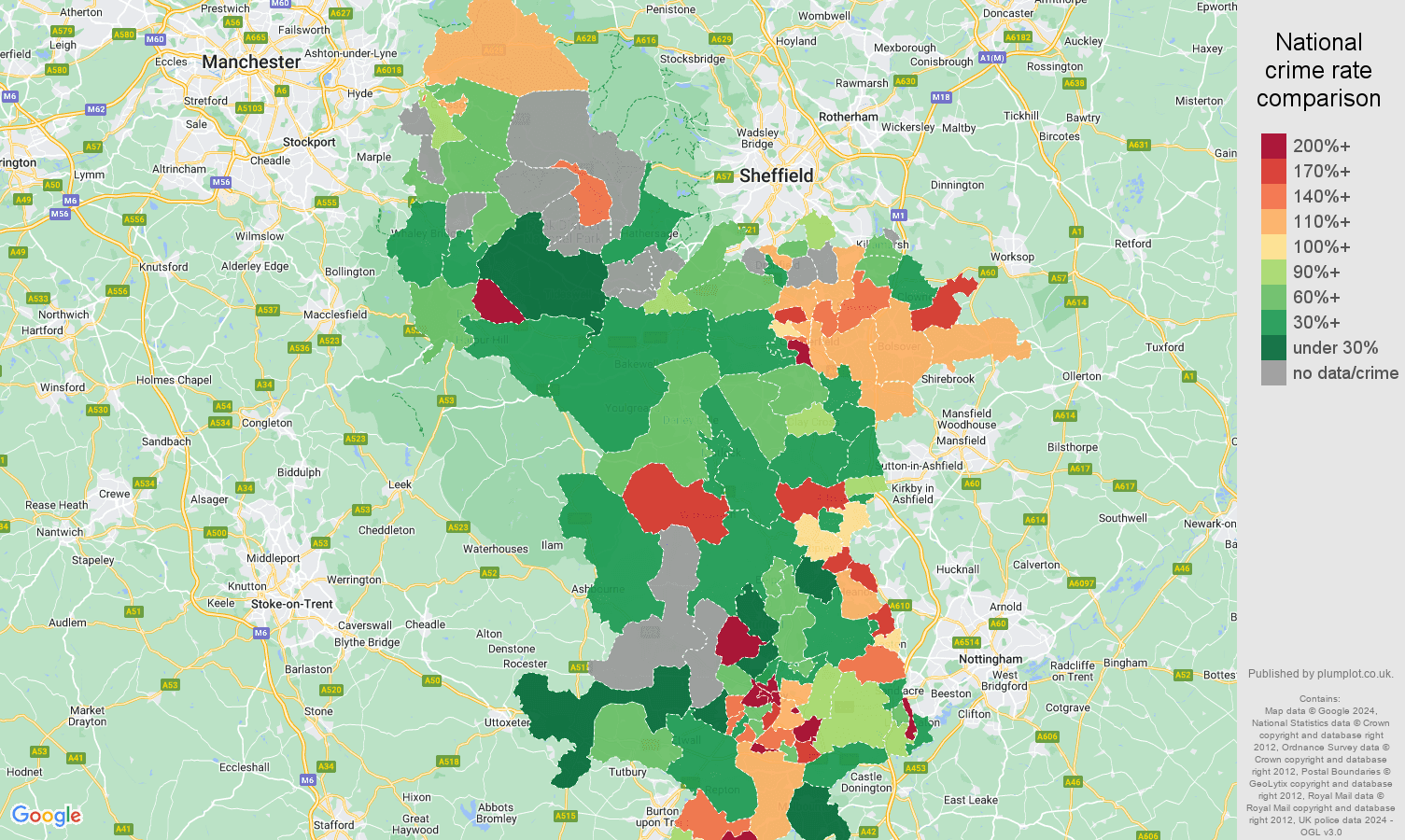 Derbyshire possession of weapons crime rate comparison map