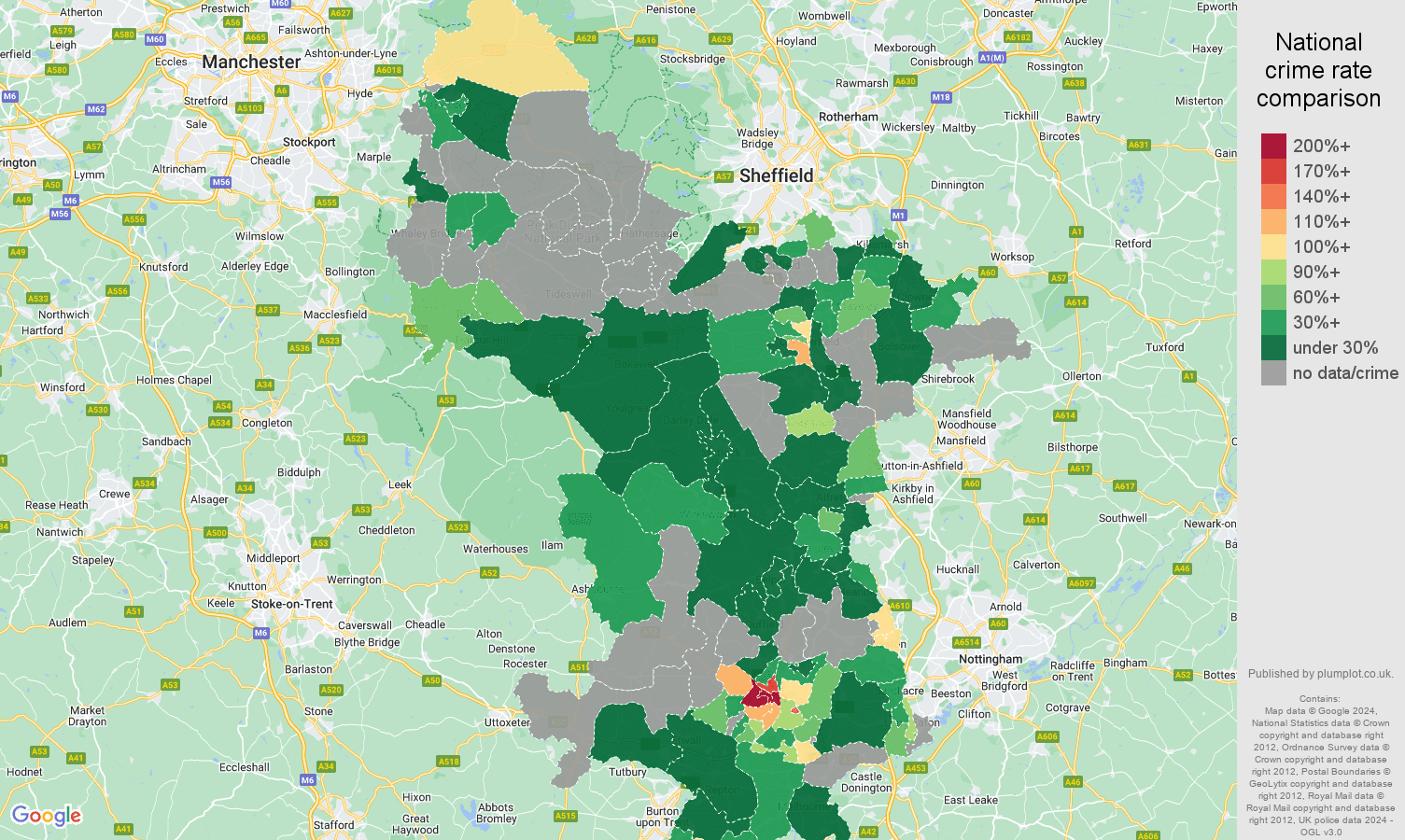 Derbyshire robbery crime rate comparison map