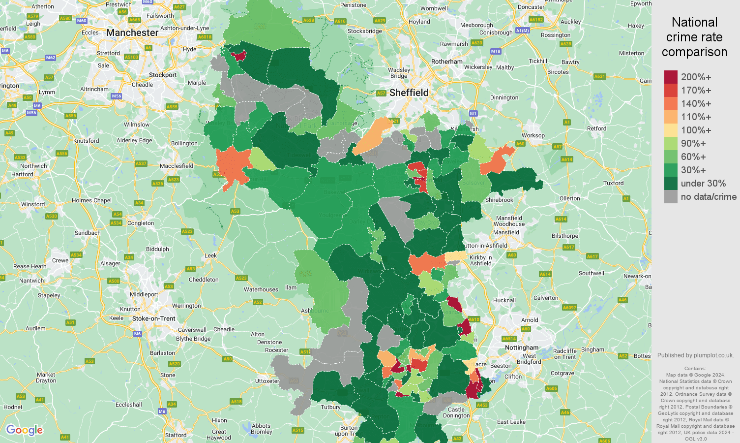 Derbyshire shoplifting crime rate comparison map