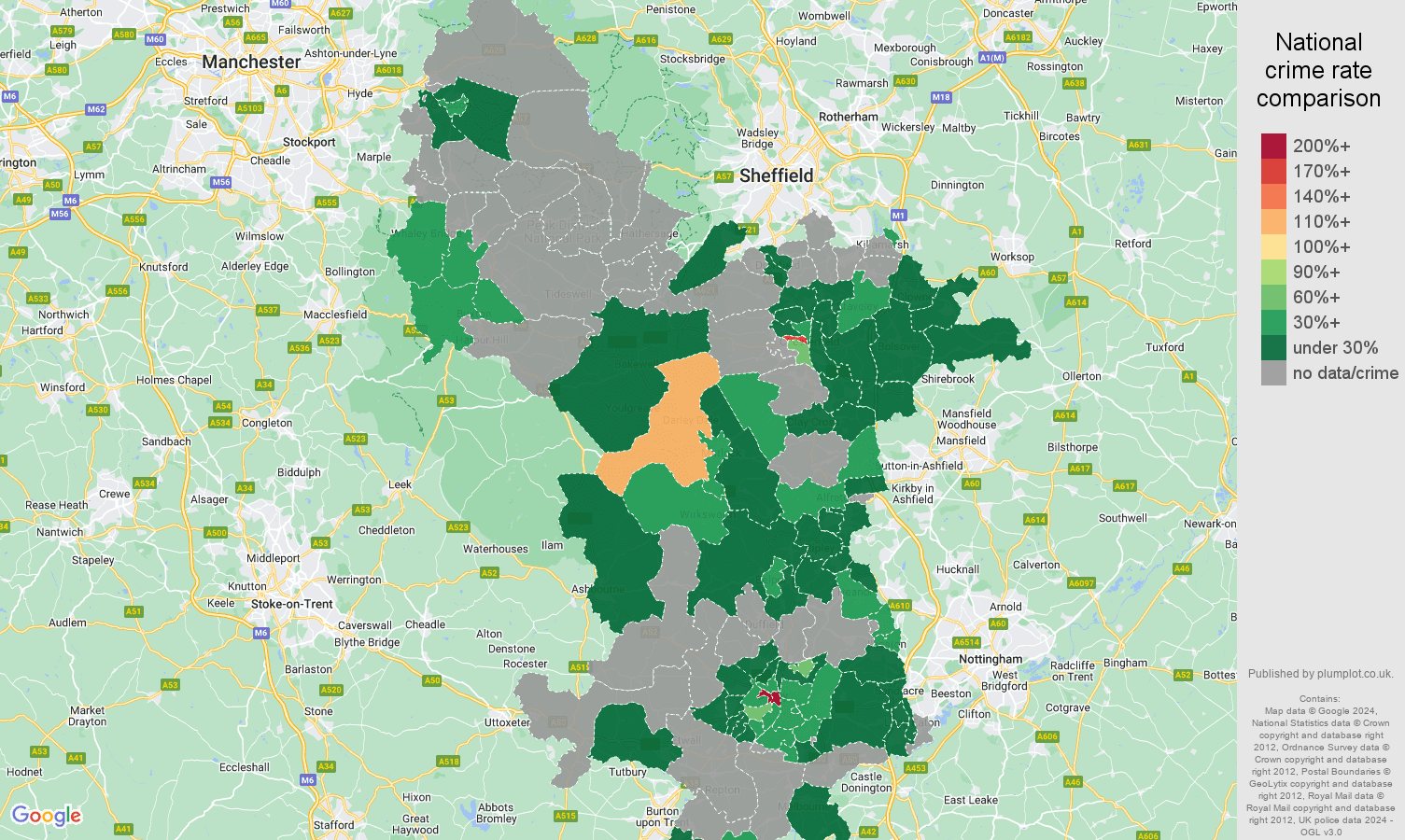 Derbyshire theft from the person crime rate comparison map
