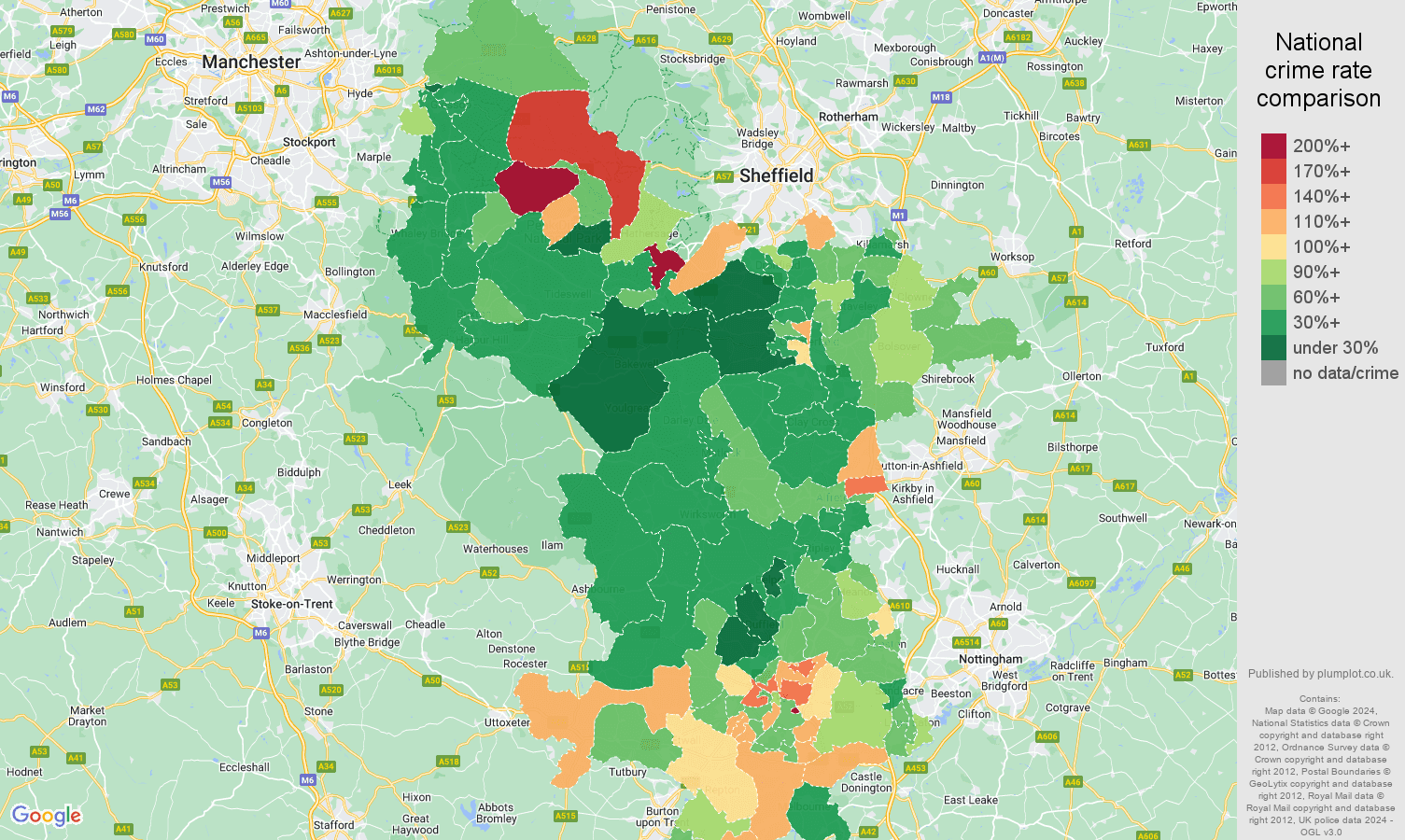 Derbyshire vehicle crime rate comparison map