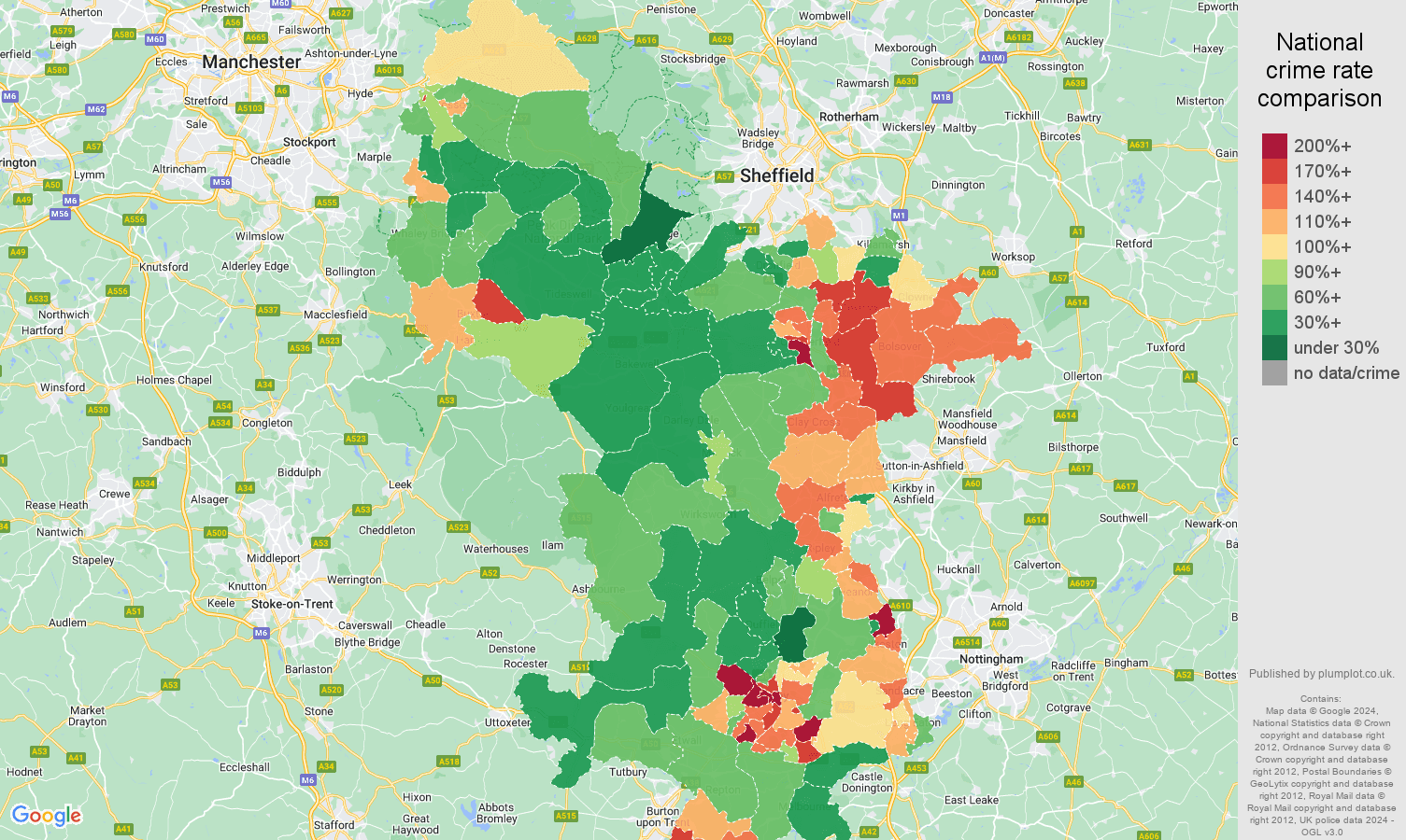 Derbyshire violent crime rate comparison map