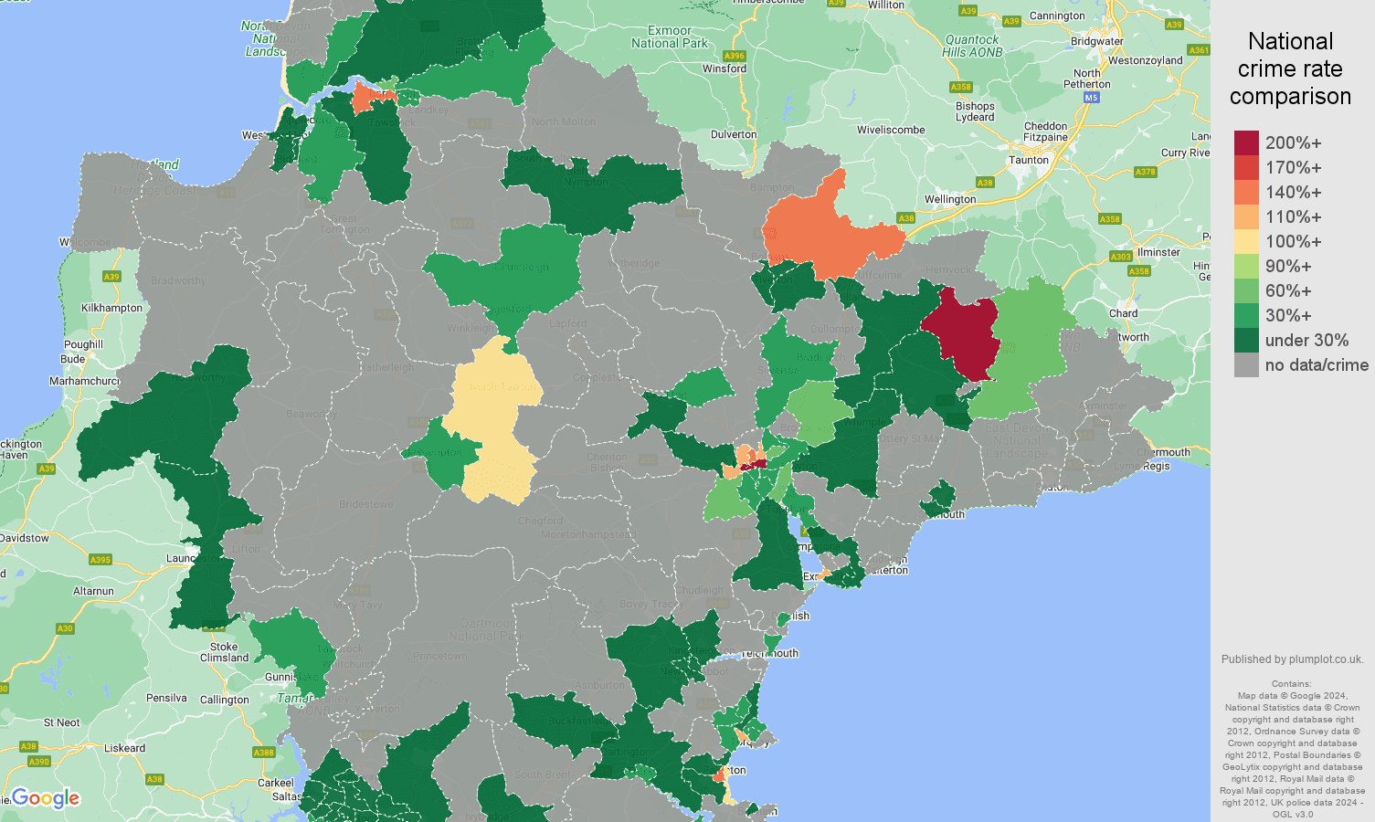 Devon bicycle theft crime rate comparison map