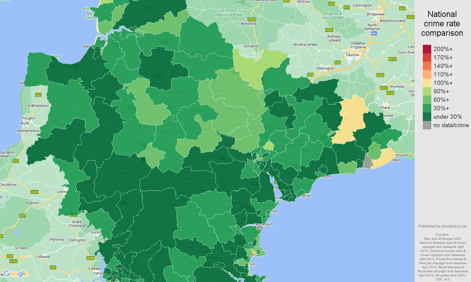 Devon burglary crime rate comparison map