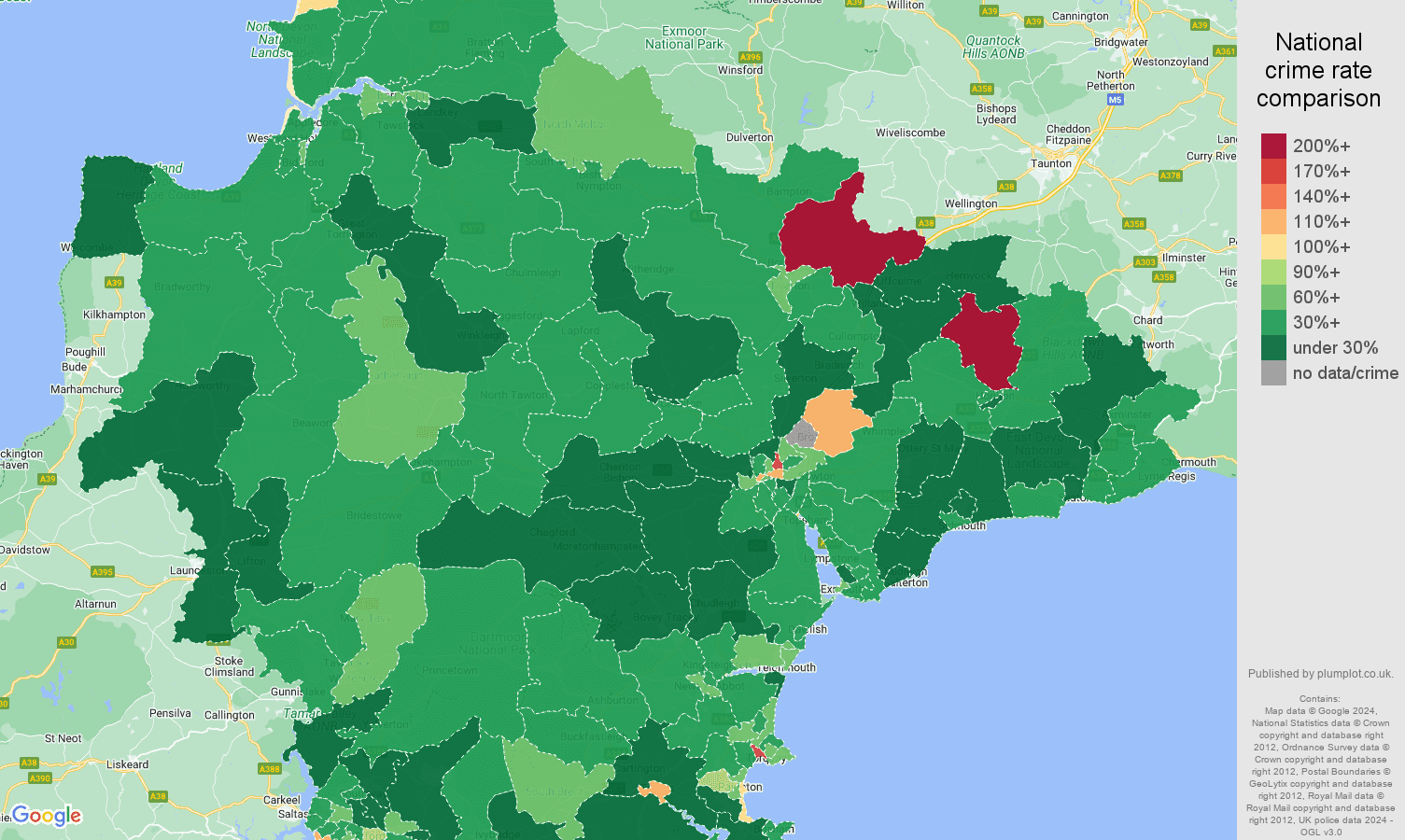 Devon other theft crime rate comparison map