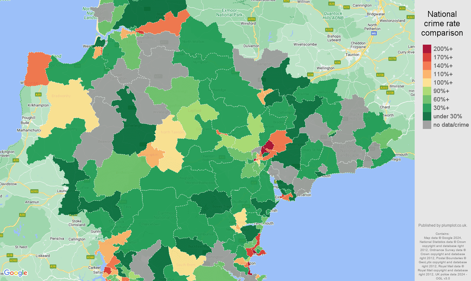 Devon possession of weapons crime rate comparison map