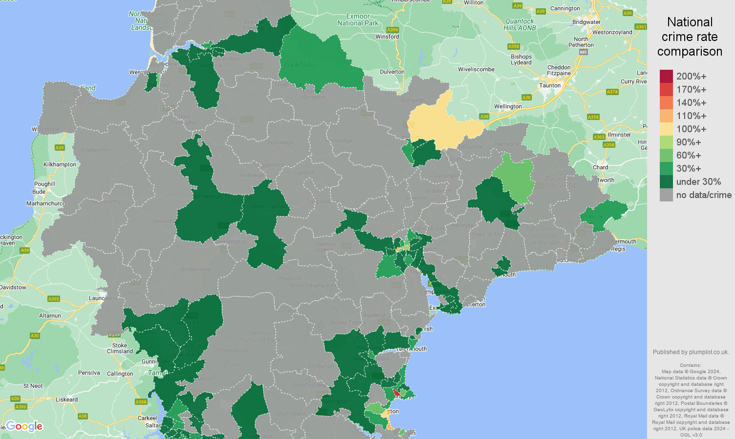 Devon robbery crime rate comparison map