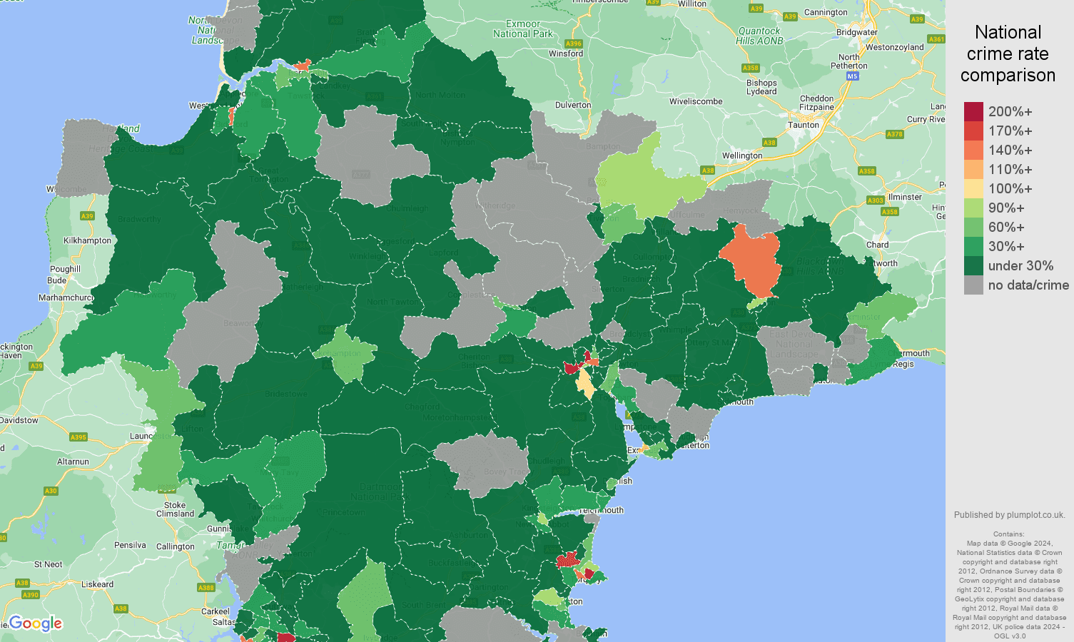 Devon shoplifting crime rate comparison map