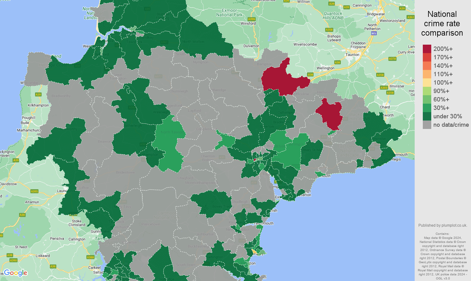 Devon theft from the person crime rate comparison map