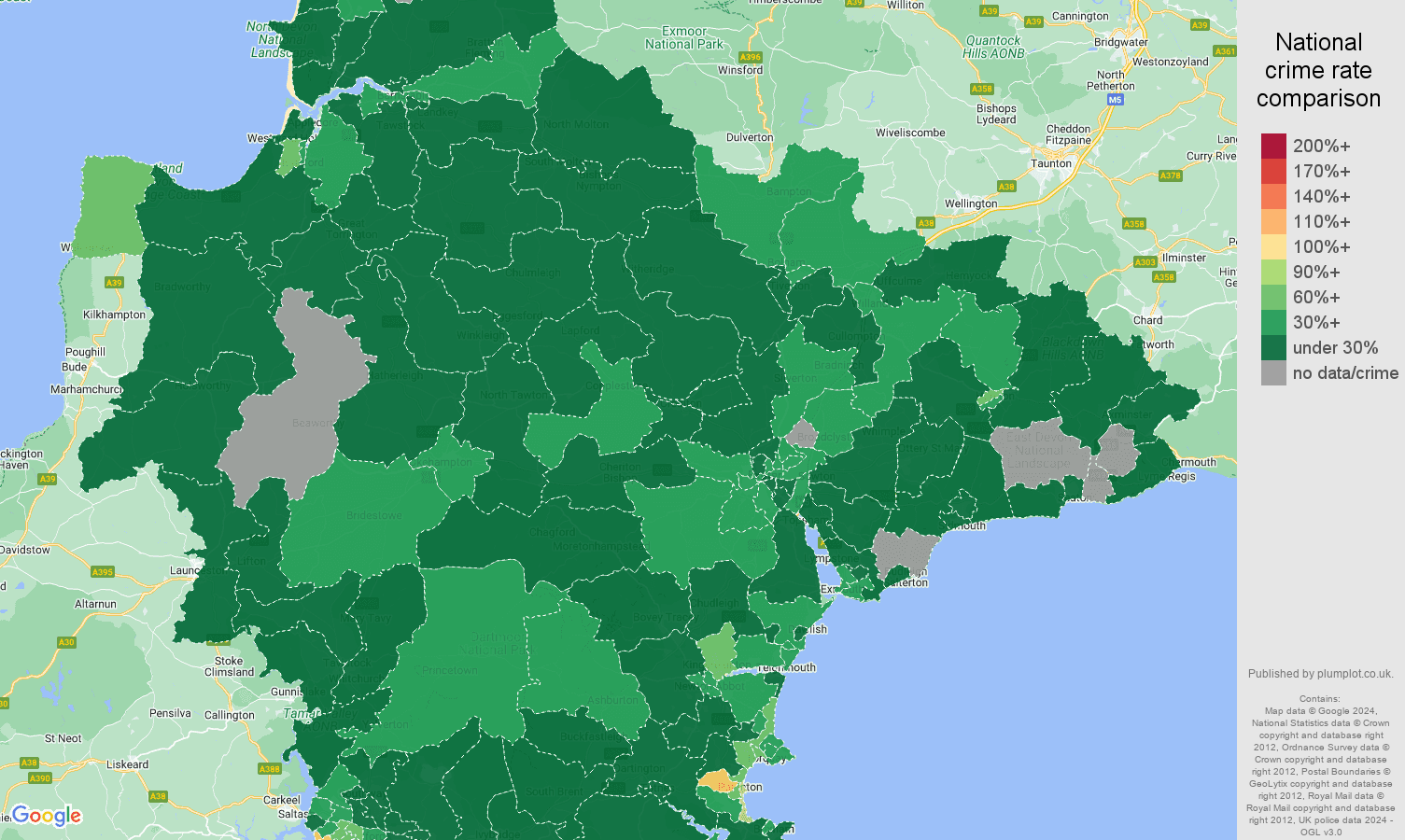 Devon vehicle crime rate comparison map