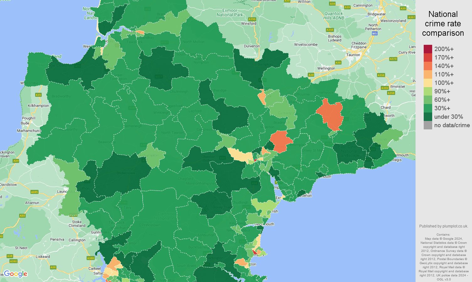 Devon violent crime rate comparison map