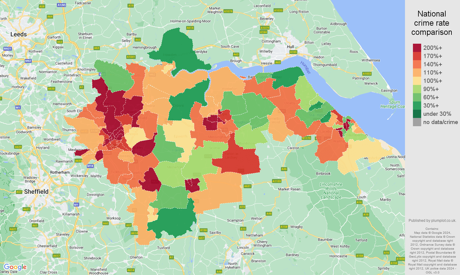 Doncaster burglary crime rate comparison map