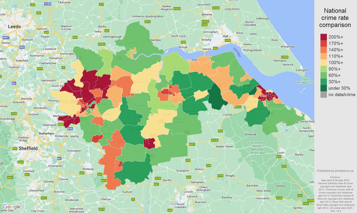 Doncaster criminal damage and arson crime rate comparison map