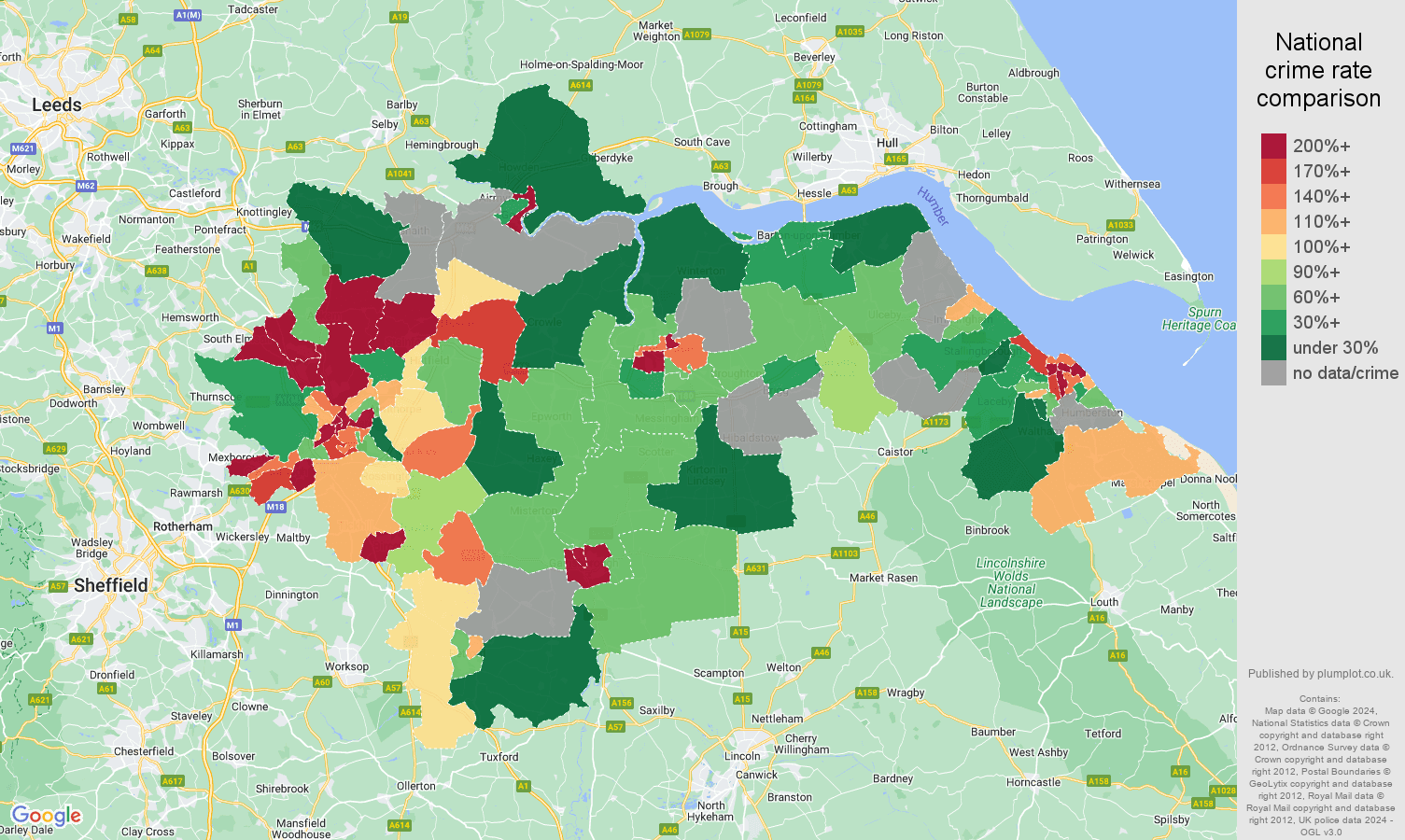 Doncaster possession of weapons crime rate comparison map