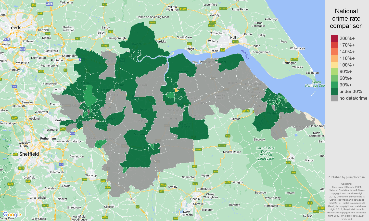 Doncaster theft from the person crime rate comparison map