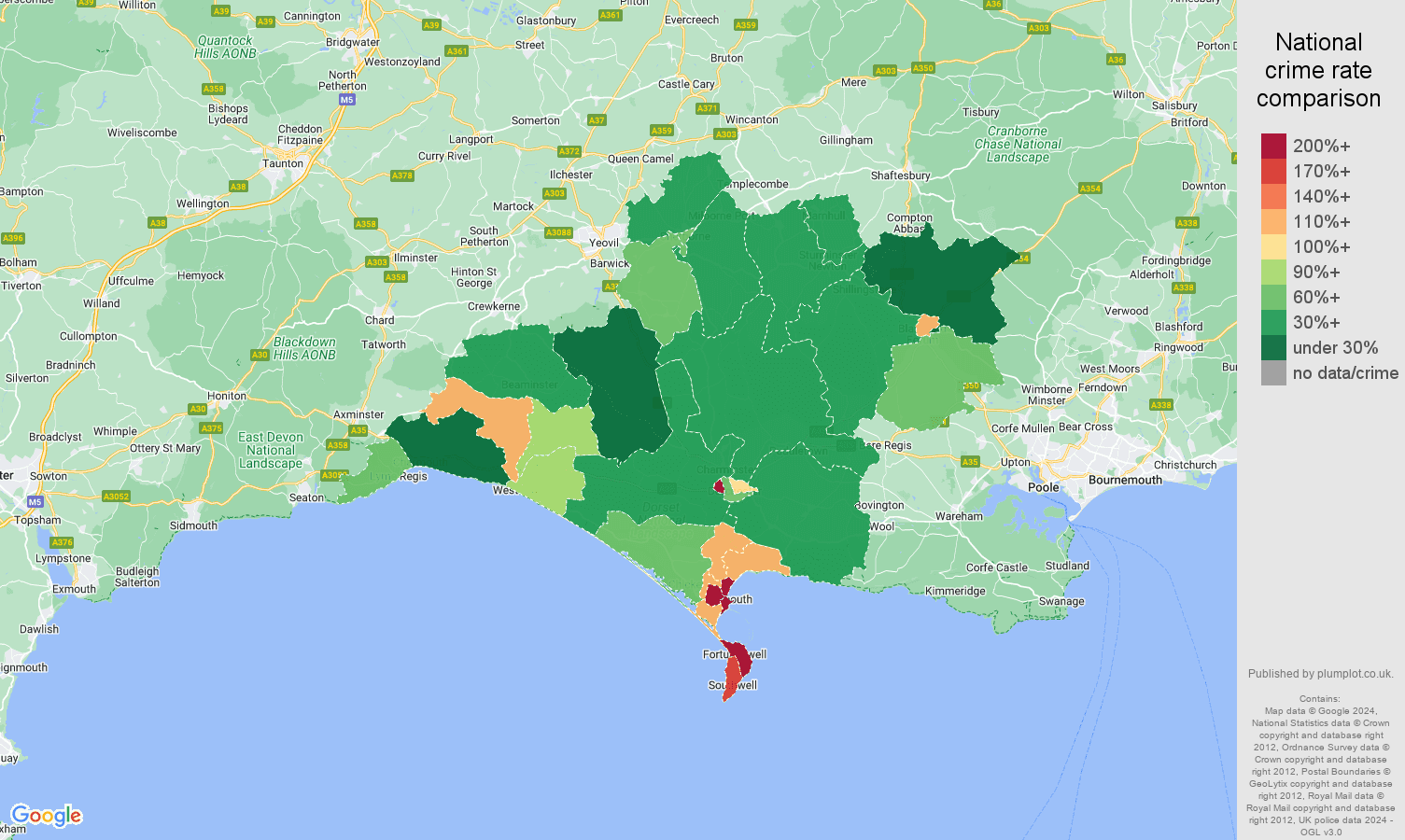 Dorchester antisocial behaviour crime rate comparison map