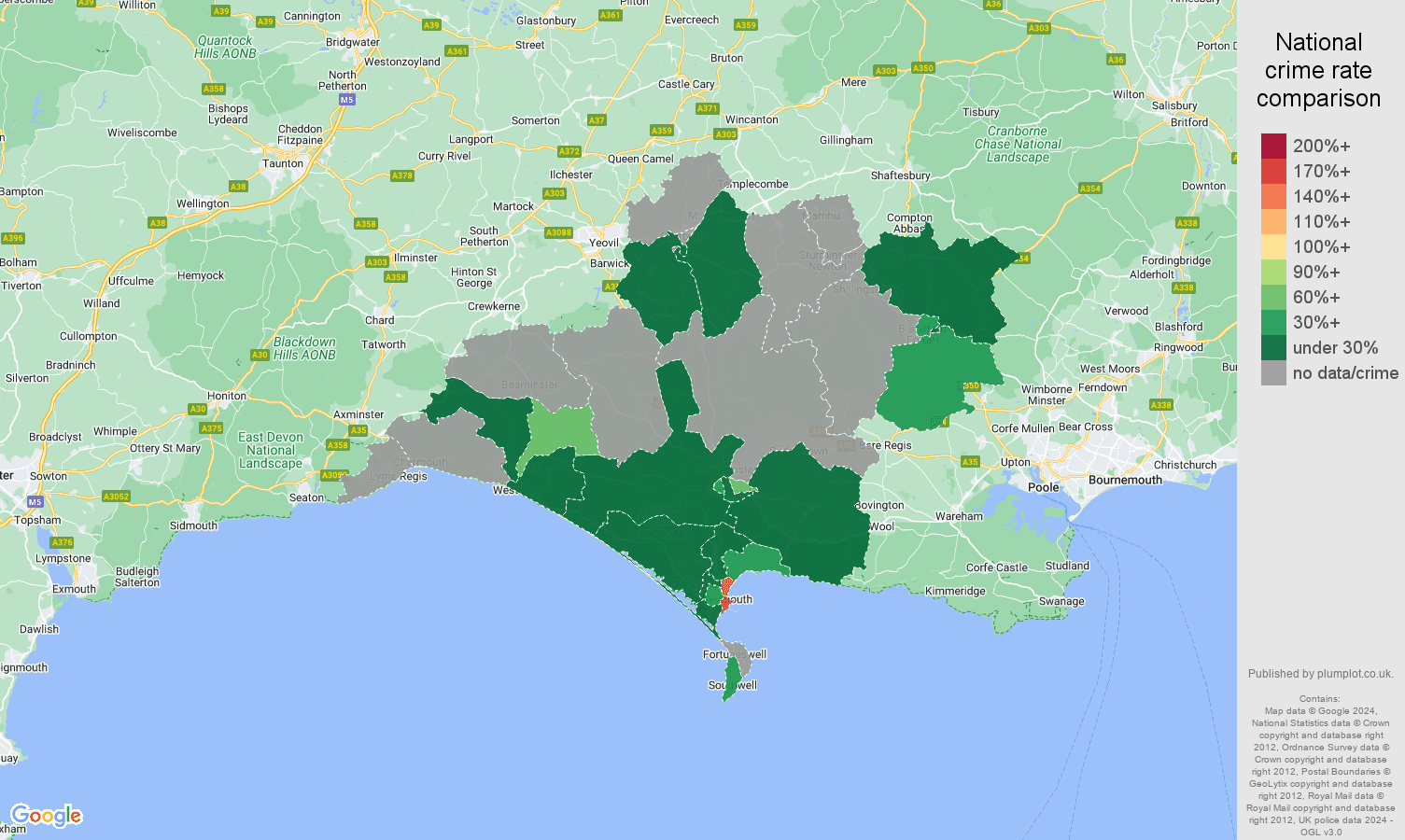 Dorchester bicycle theft crime rate comparison map