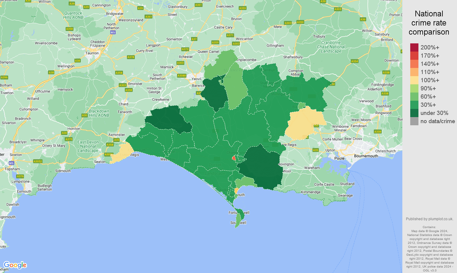 Dorchester burglary crime rate comparison map