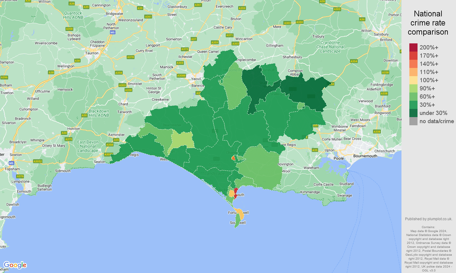 Dorchester criminal damage and arson crime rate comparison map