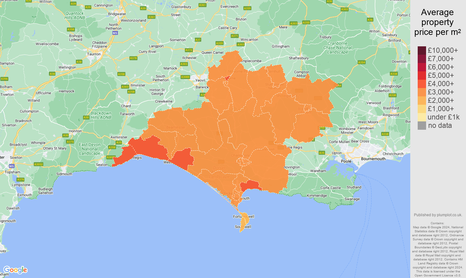 Dorchester house prices per square metre map