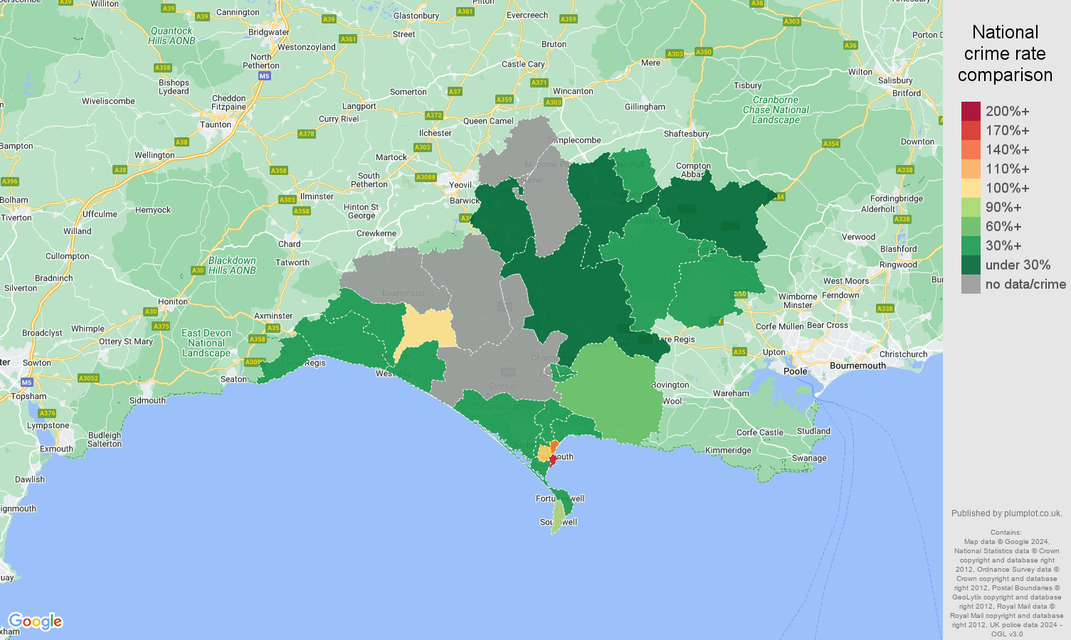 Dorchester possession of weapons crime rate comparison map