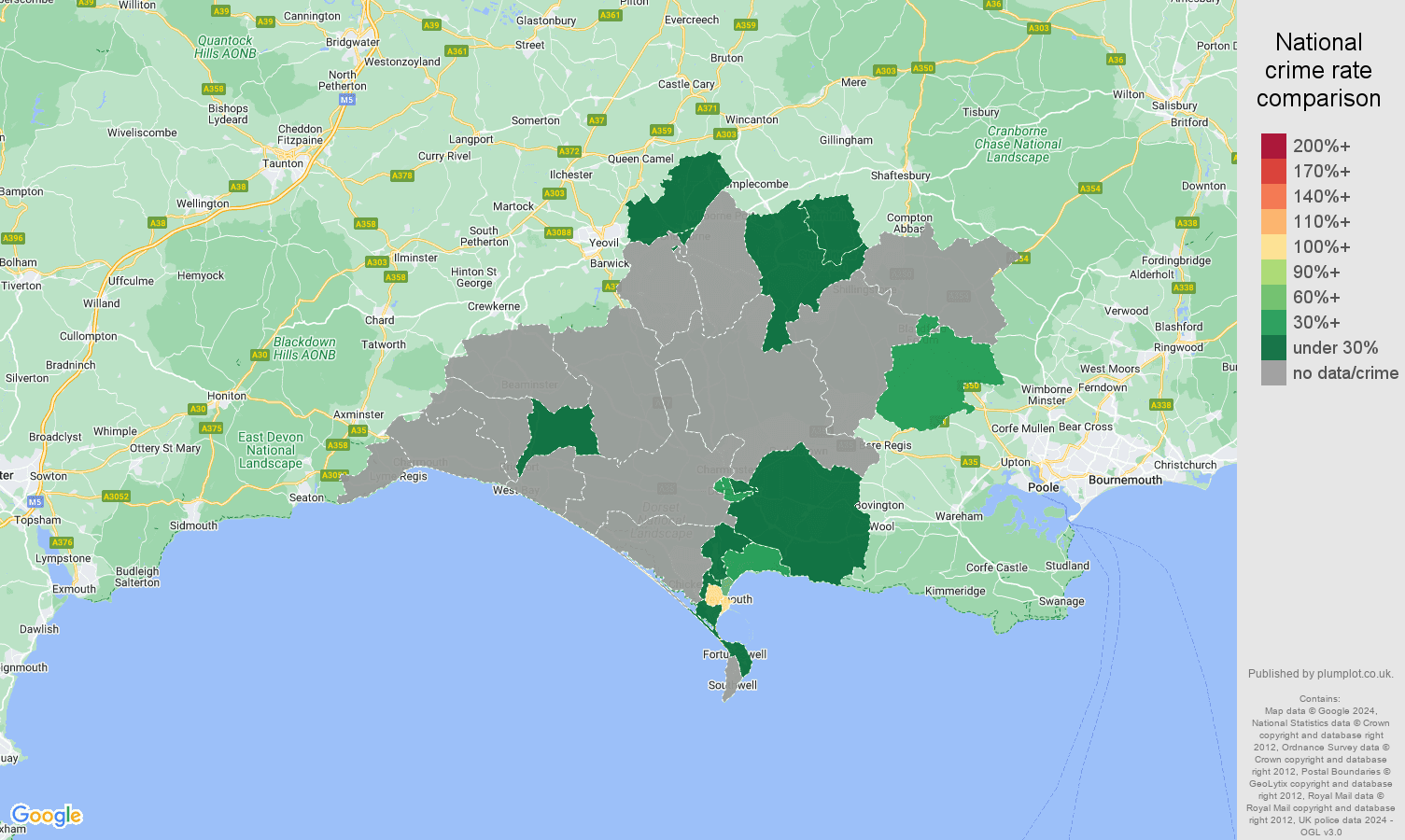 Dorchester robbery crime rate comparison map