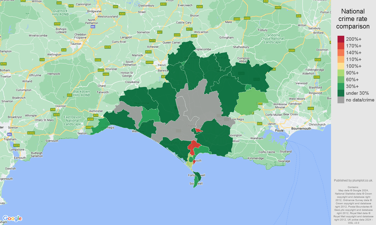 Dorchester shoplifting crime rate comparison map