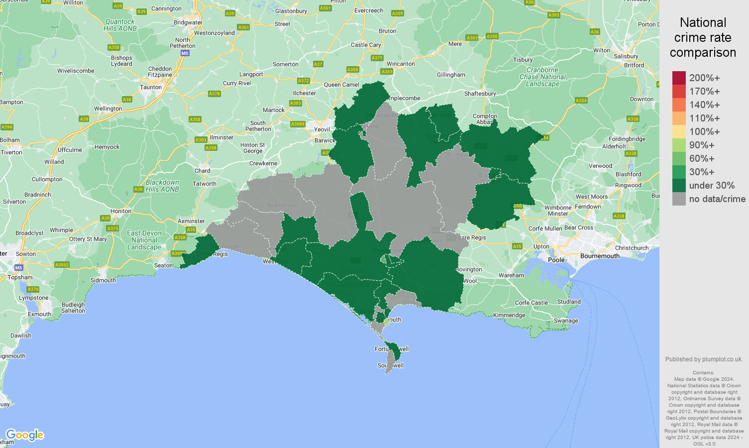 Dorchester theft from the person crime rate comparison map