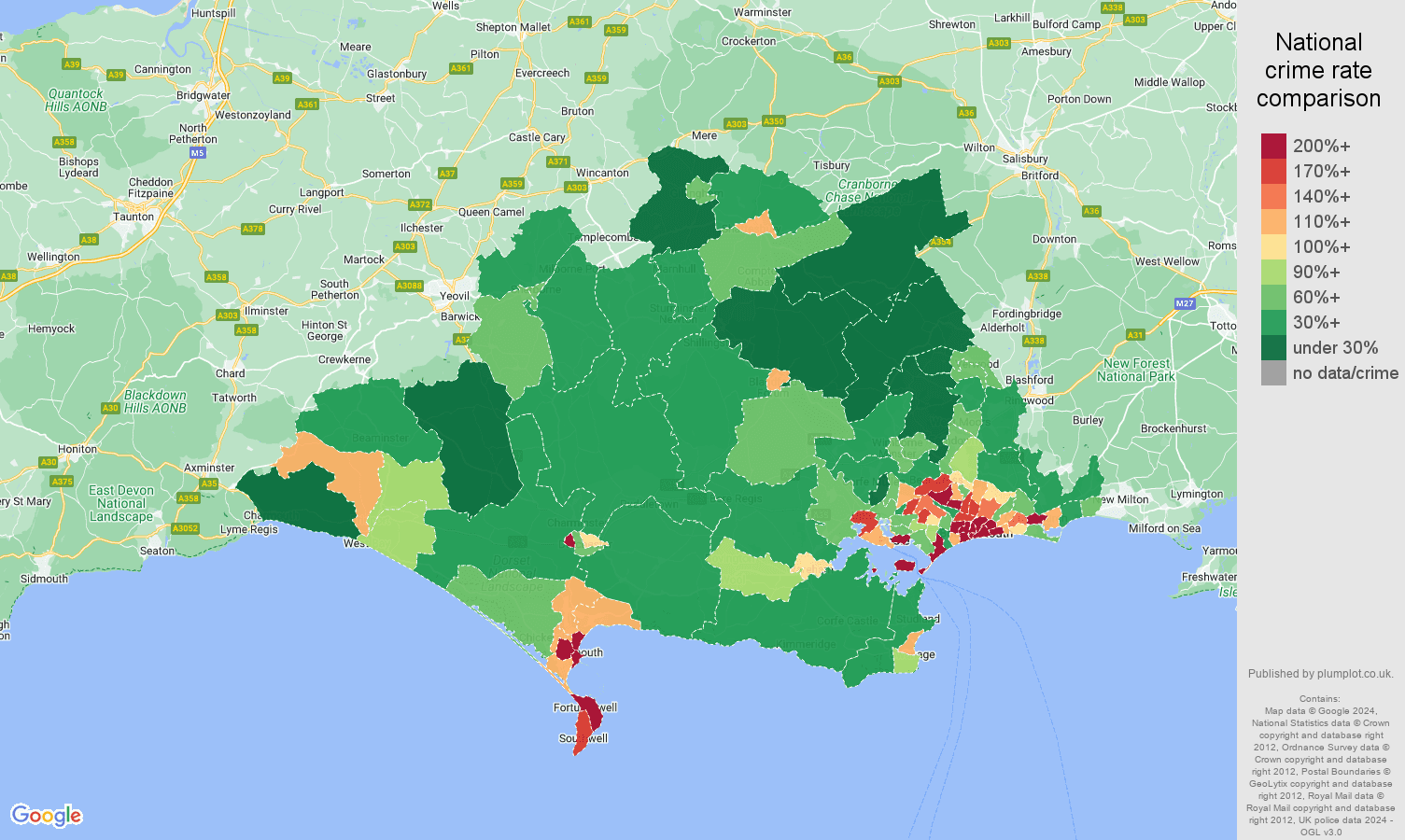 Dorset antisocial behaviour crime rate comparison map