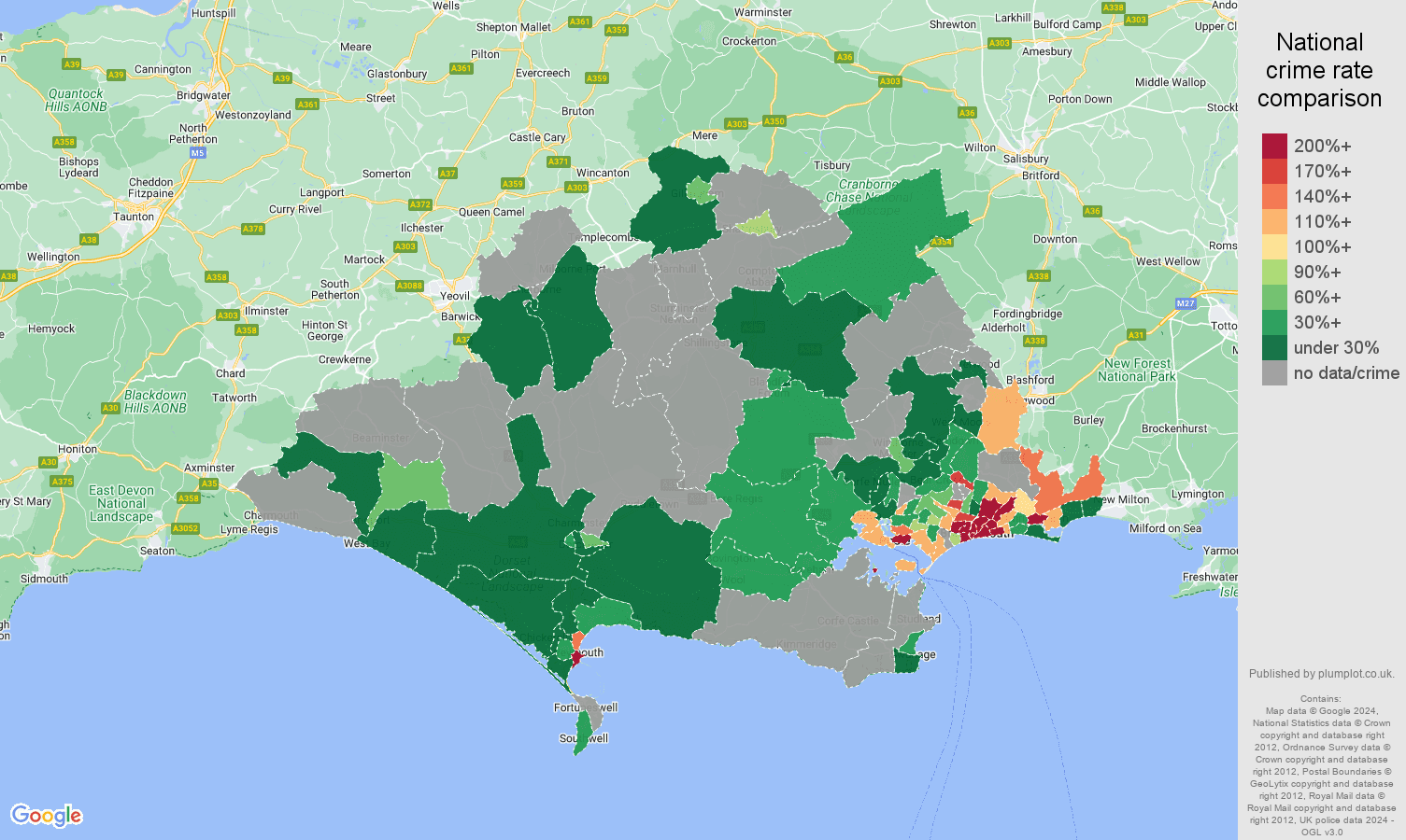 Dorset bicycle theft crime rate comparison map