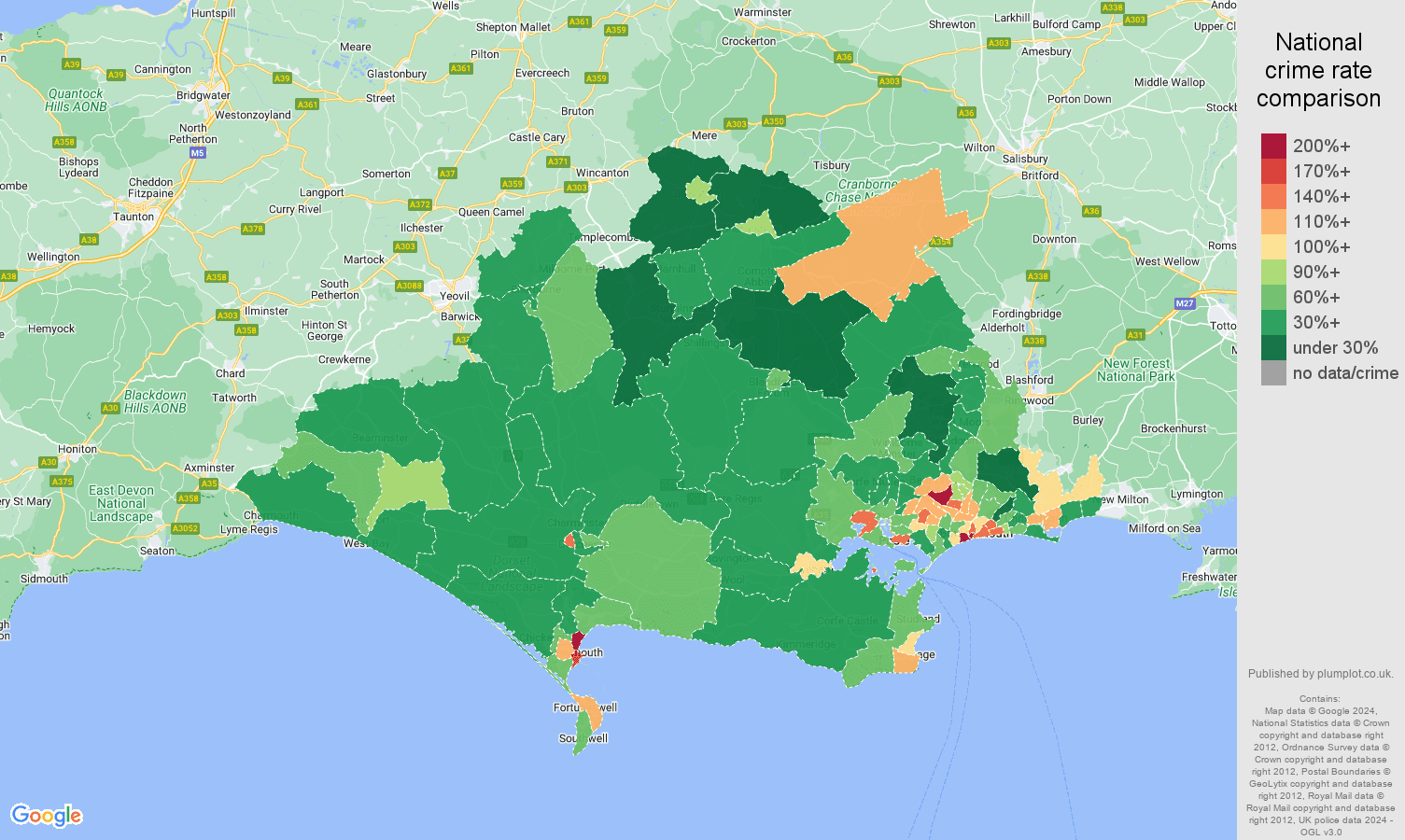 Dorset criminal damage and arson crime rate comparison map