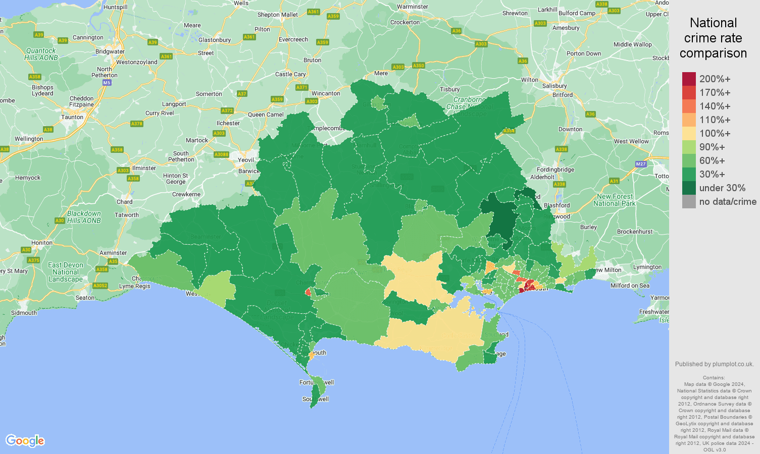 Dorset other theft crime rate comparison map