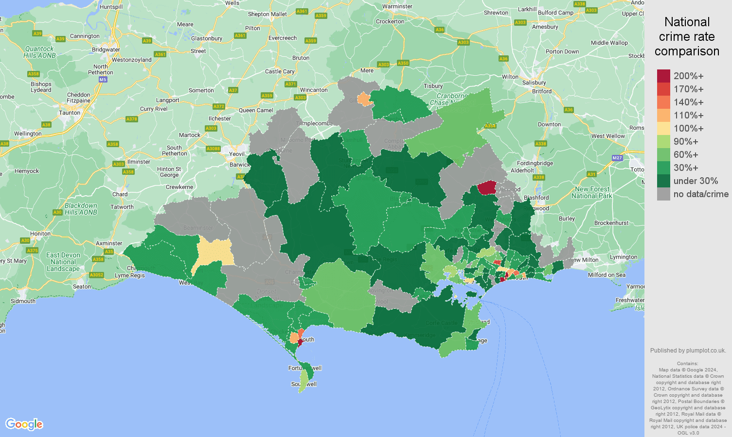 Dorset possession of weapons crime rate comparison map