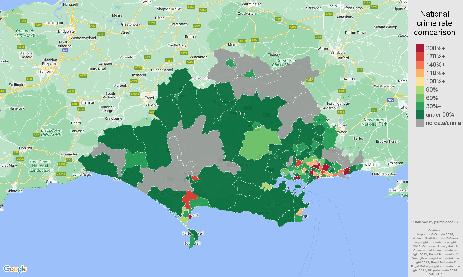 Dorset shoplifting crime rate comparison map