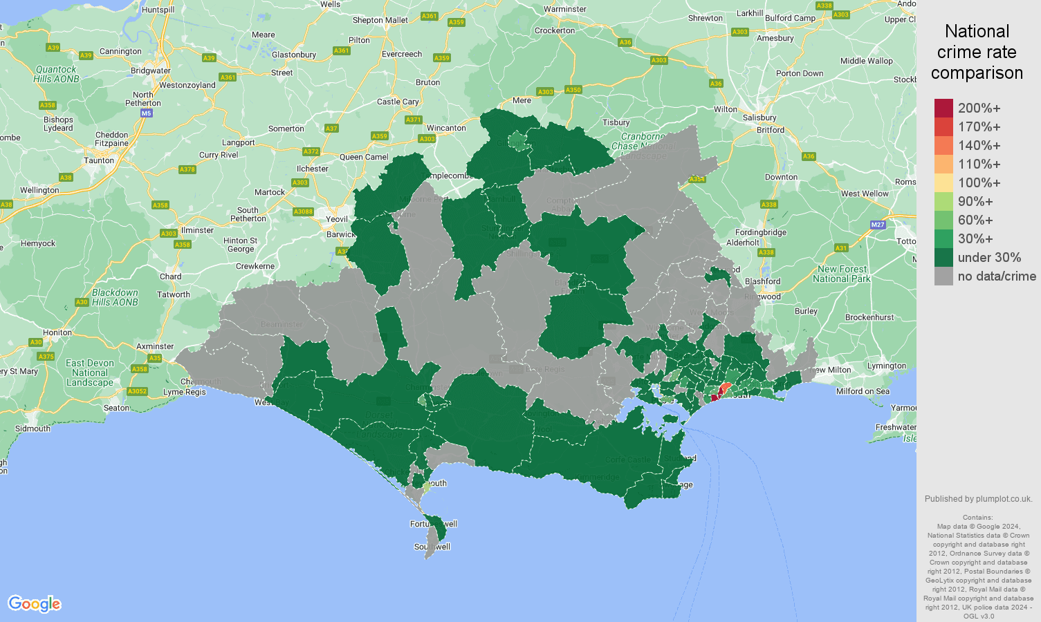 Dorset theft from the person crime rate comparison map
