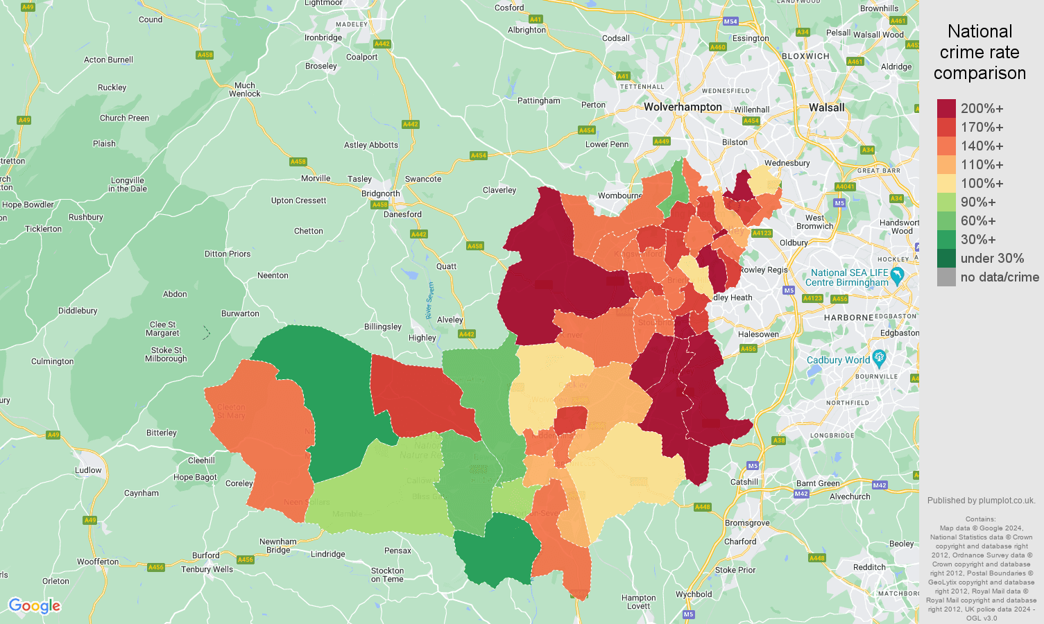 Dudley burglary crime rate comparison map