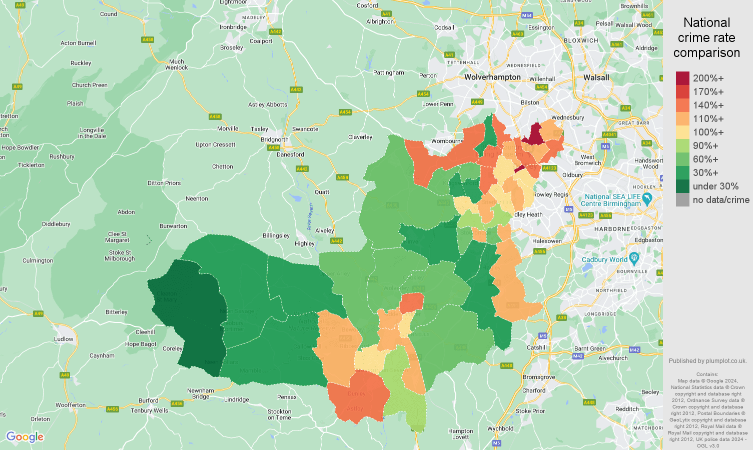 Dudley criminal damage and arson crime rate comparison map