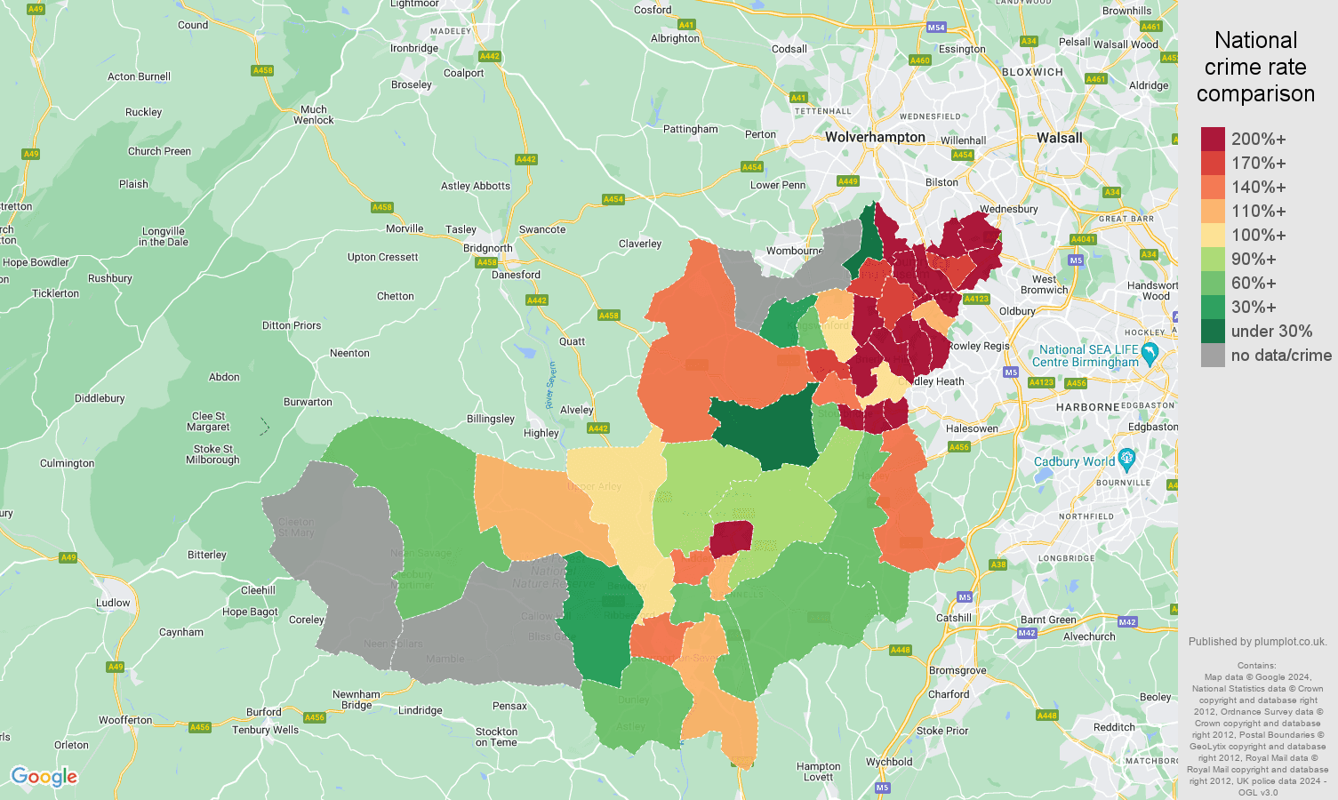 Dudley possession of weapons crime rate comparison map