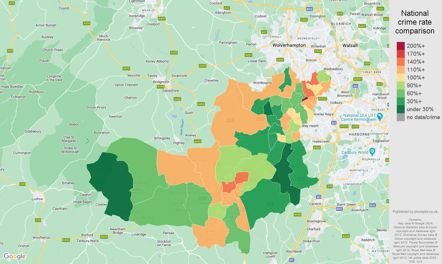 Dudley public order crime rate comparison map