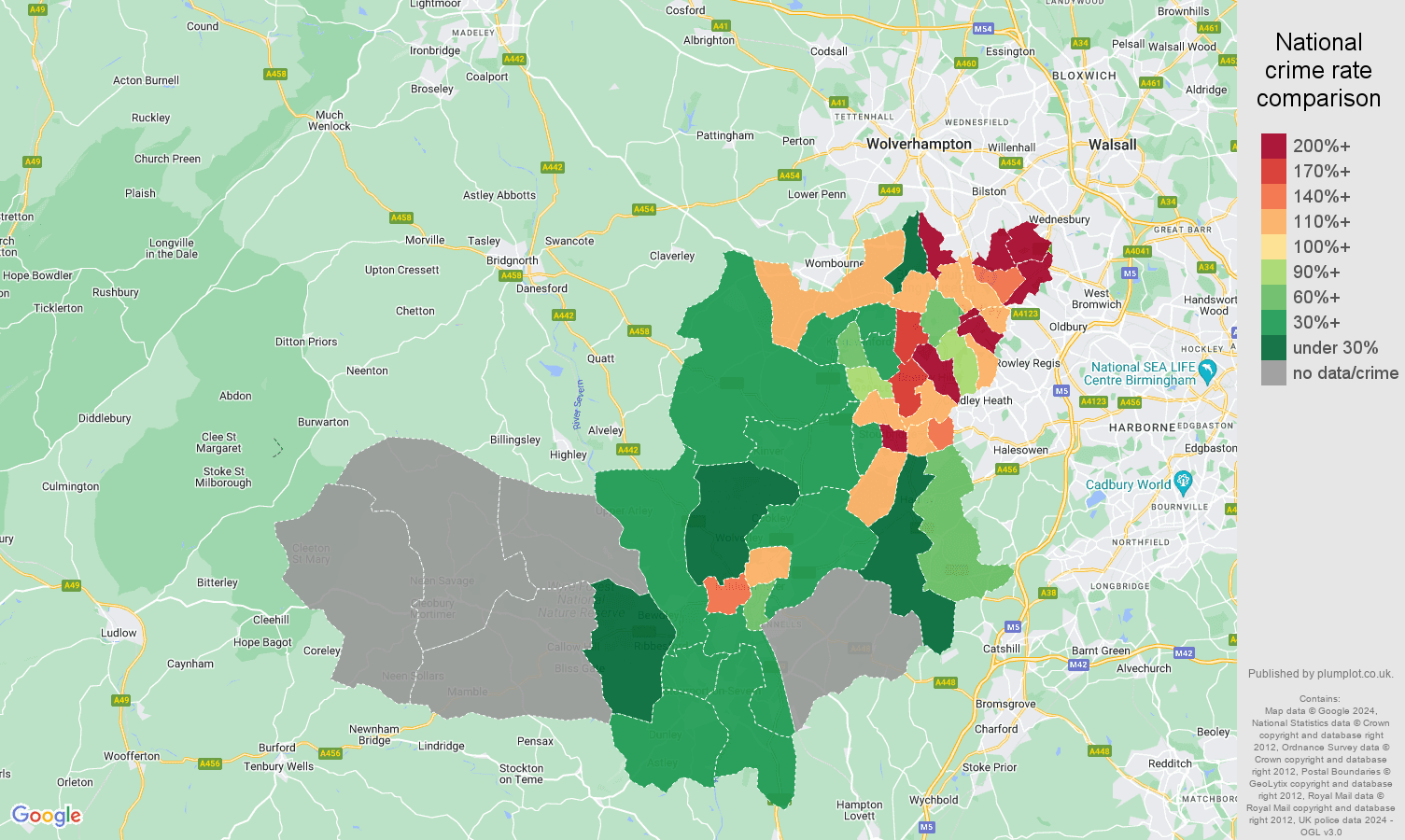 Dudley robbery crime rate comparison map