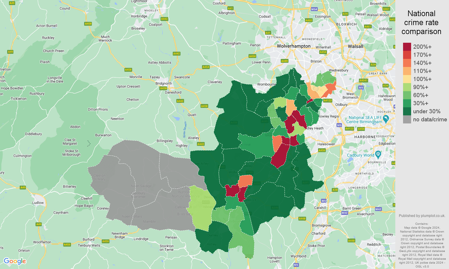 Dudley shoplifting crime rate comparison map