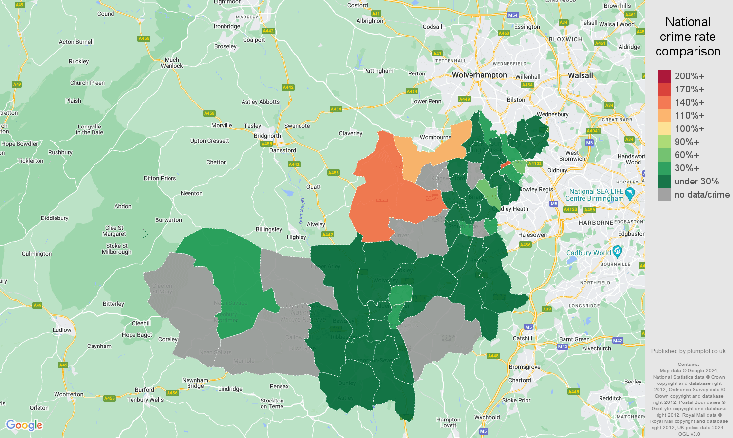 Dudley theft from the person crime rate comparison map