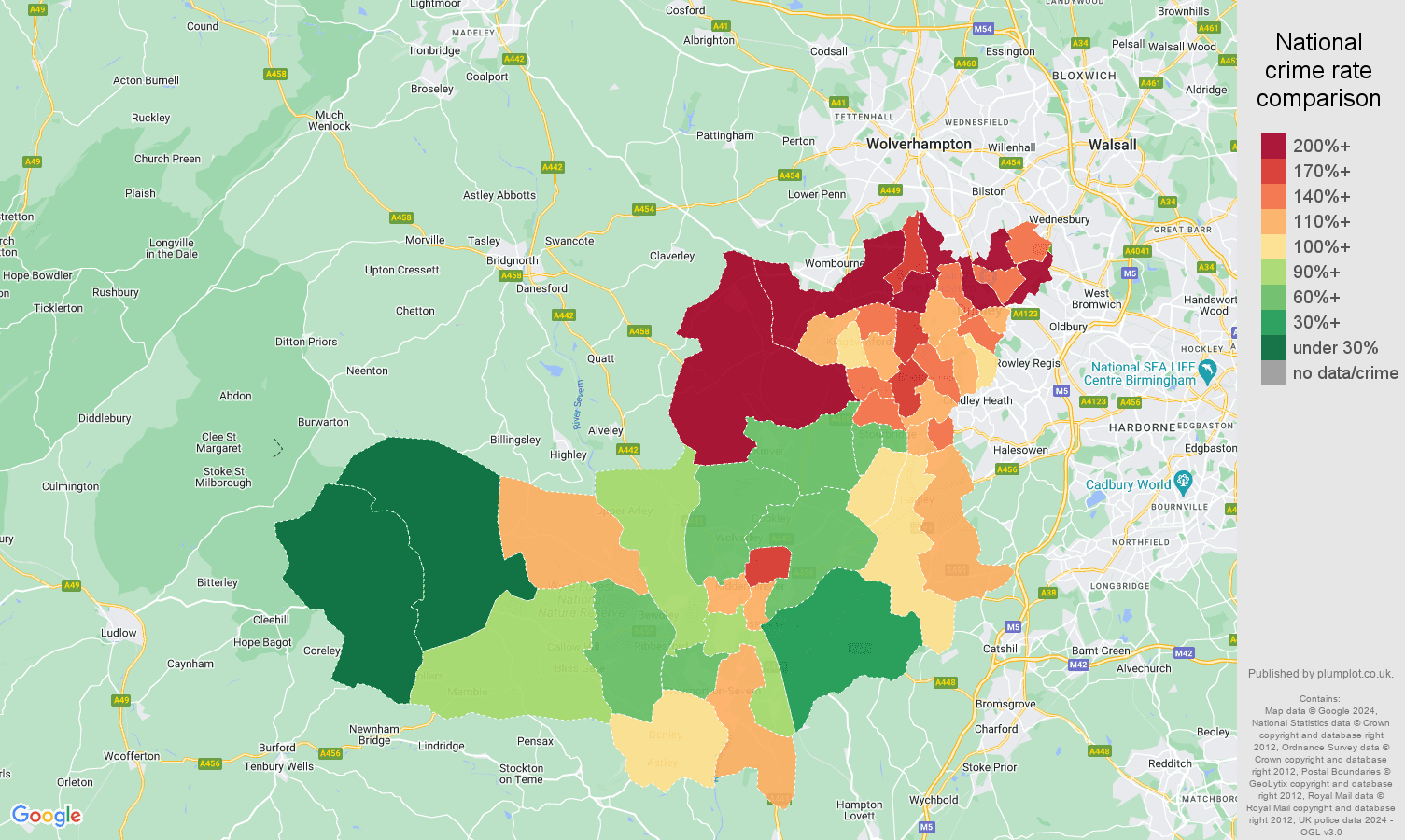 Dudley vehicle crime rate comparison map