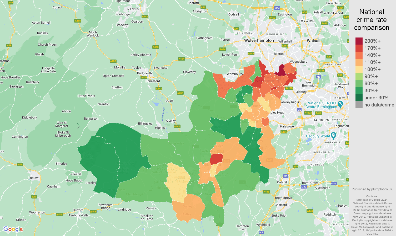 Dudley violent crime rate comparison map