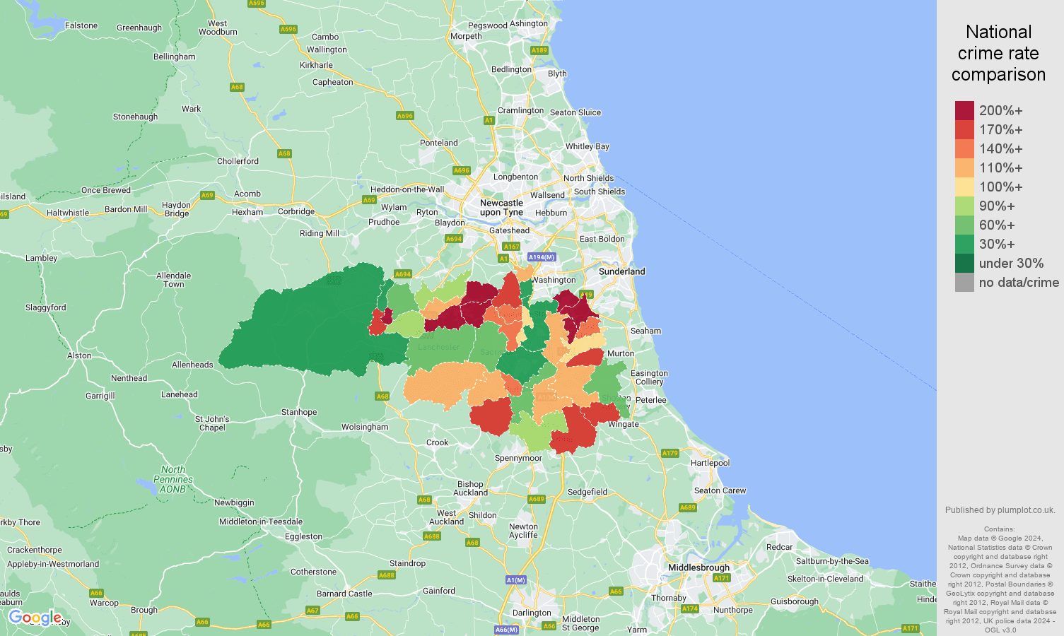 Durham antisocial behaviour crime rate comparison map