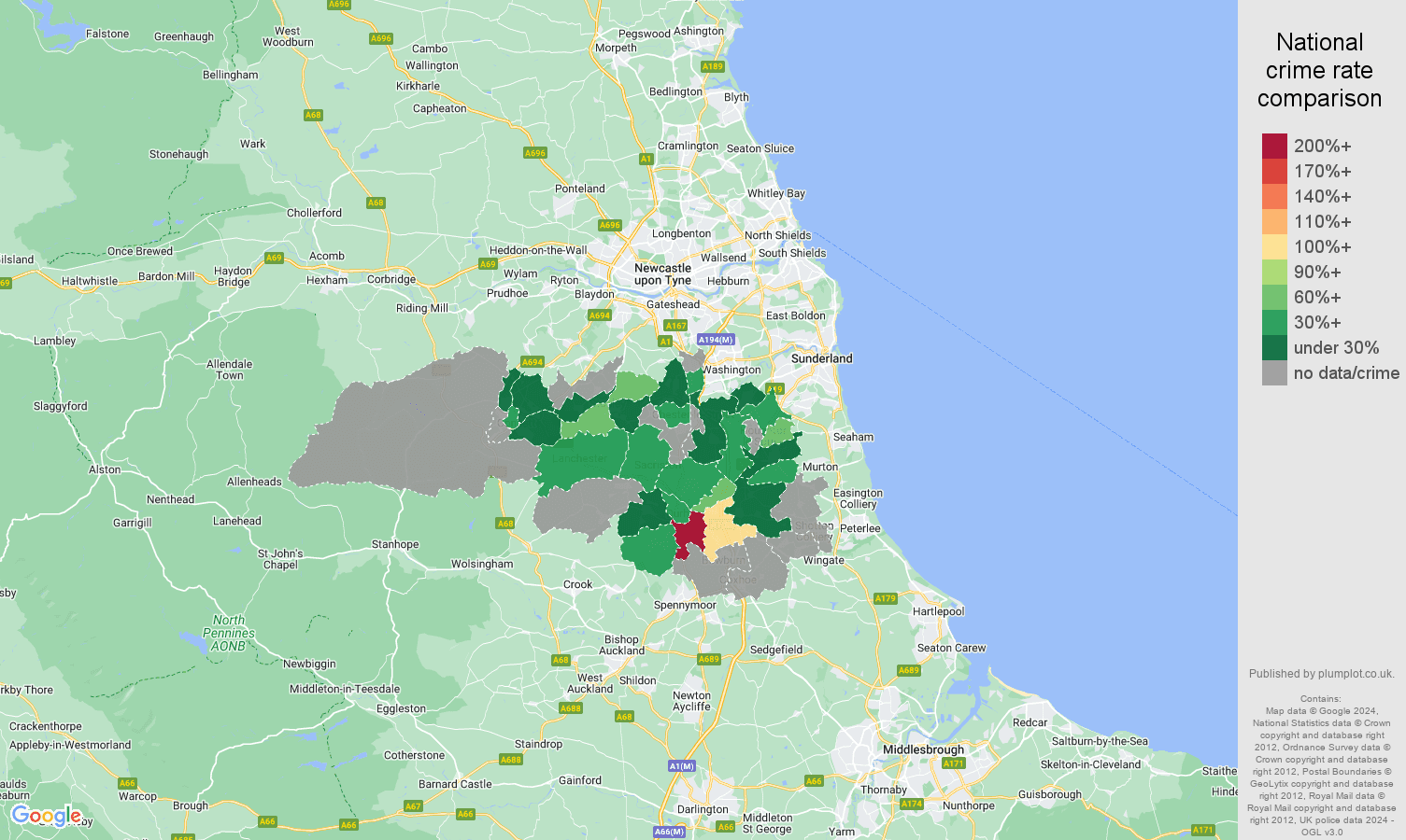 Durham bicycle theft crime rate comparison map