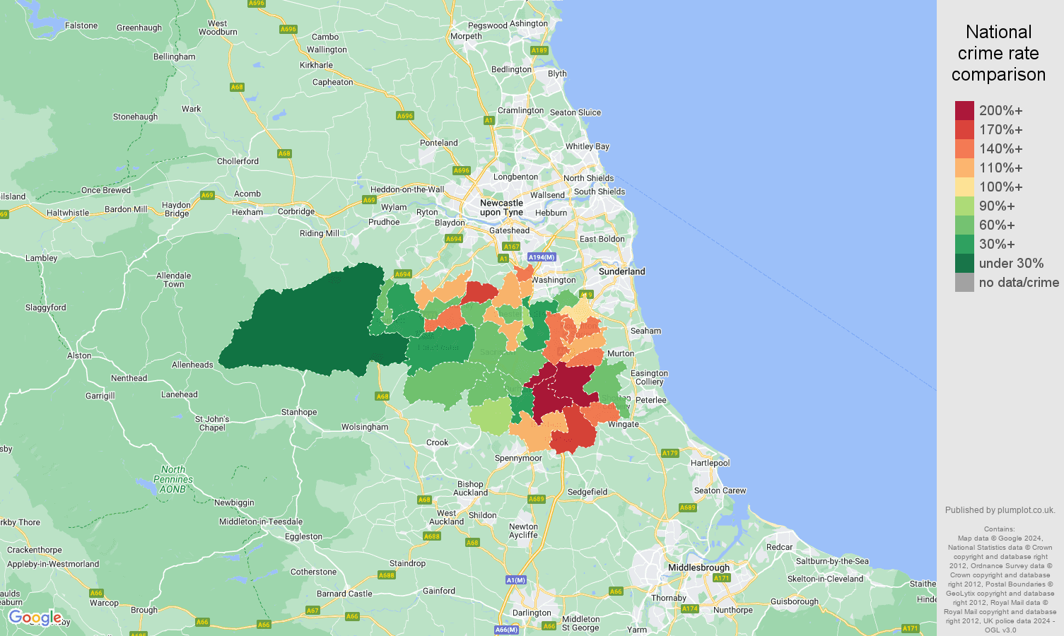Durham burglary crime rate comparison map